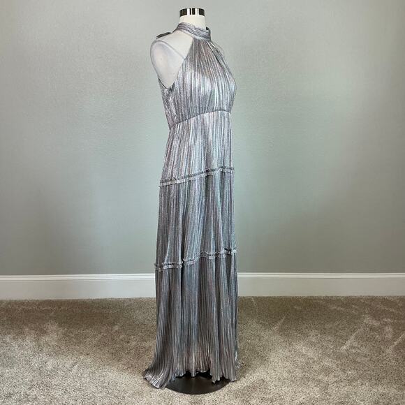 Silver Metallic Halter Evening Gown Size 12 Ruffled A-Line Long Dress by AQUA - Picture 3 of 13